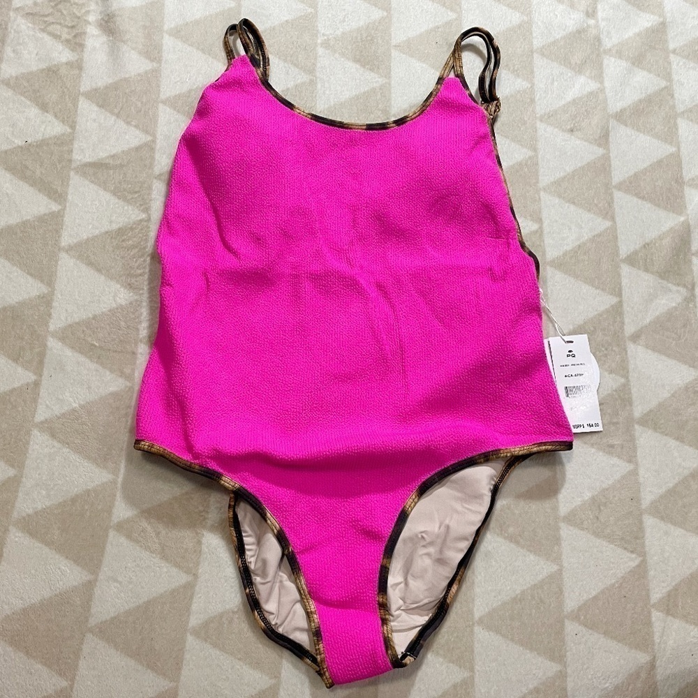 PQ Swim Anthropologie acai Reef Piped One Piece Swimsuit Pink Leopard